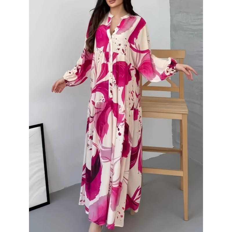 European and American new, printed dress loose casual long-sleeved temperament v-neck long dress women