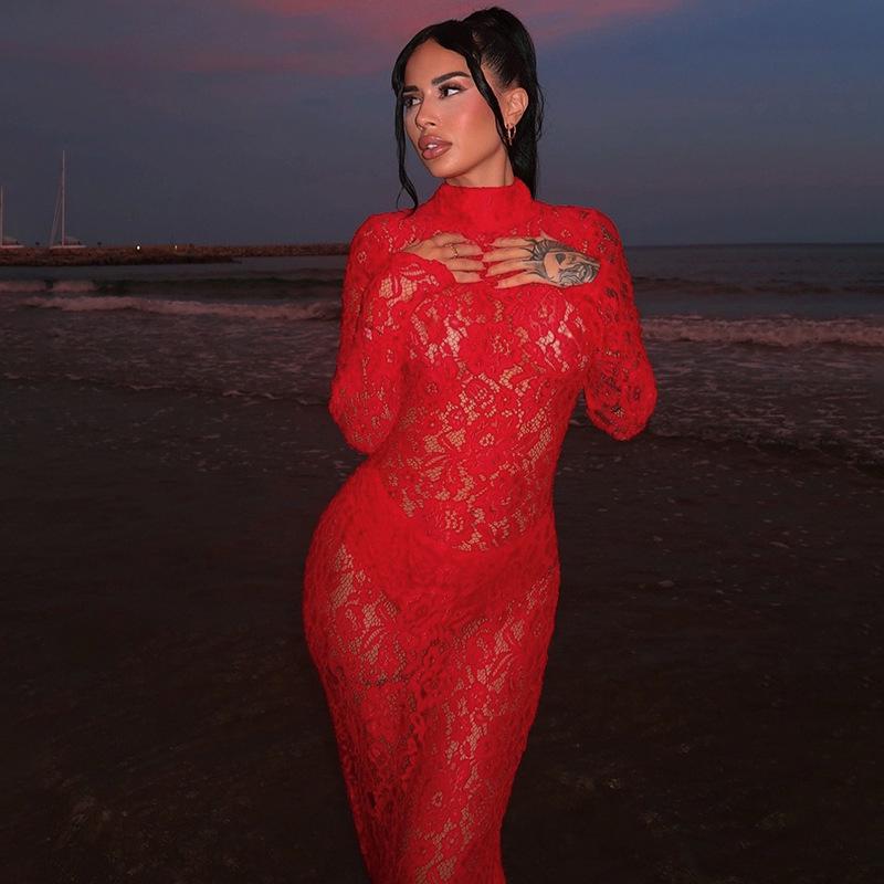 2025 Spring Mesh Lace High Neck Long Sleeve Women's Slim Fit Evening Gown