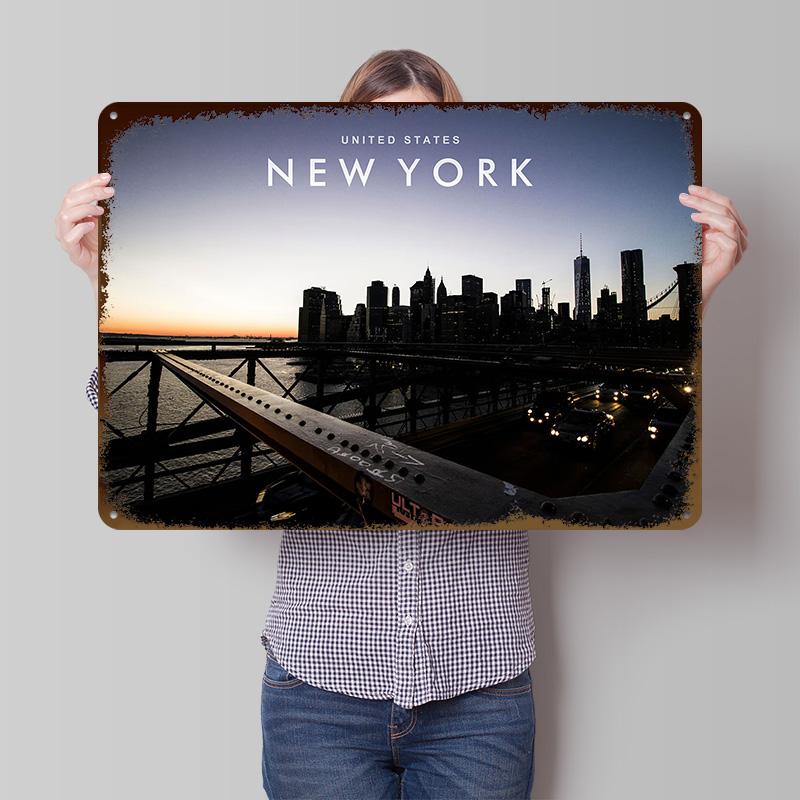 New York Skyline Nacht Gedrucktes Poster Benutzerdefinierte Wandkunst Retro Vintage Metallblechschilder für Heimdekoration Wohnzimmer Hausartikel