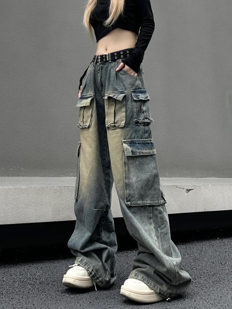 Harajuku 90. léta Y2k Vintage Baggy Jeans Ženy Grunge Prané Více kapes Džínové Cargo Kalhoty Nízký růst Ležérní široké kalhoty