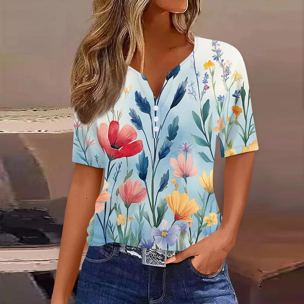 Maglietta da Donna Stampa Bottoni Manica Corta Quotidiano Weekend Moda Basic Scollo a V Regolare Top