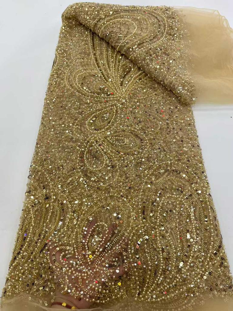African Lace French Sequin Fabric 2025 High Quality Embroidery Tulle Lace Fabrics With Beaded For Nigeria Wedding Dress Sewing