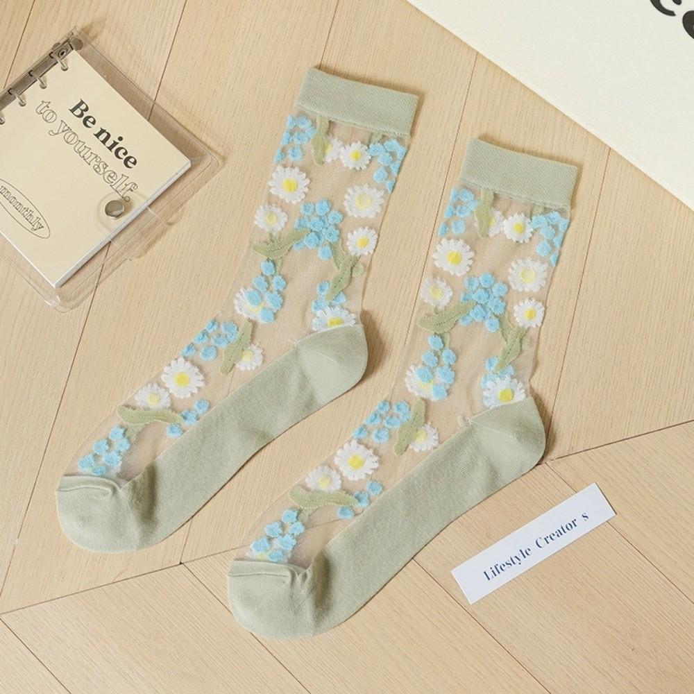Crystal Silk Floral Embroidery Socks Ultra-Thin Nylon Long Socks Chic Mid-Tube Socks Cosplay