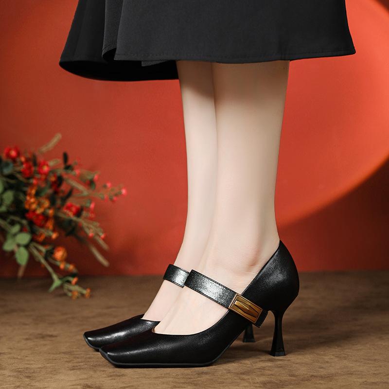 High heels women's spring and autumn square head sheepskin is not tired of feet one-word buckle single shoes Mary Jane shoes