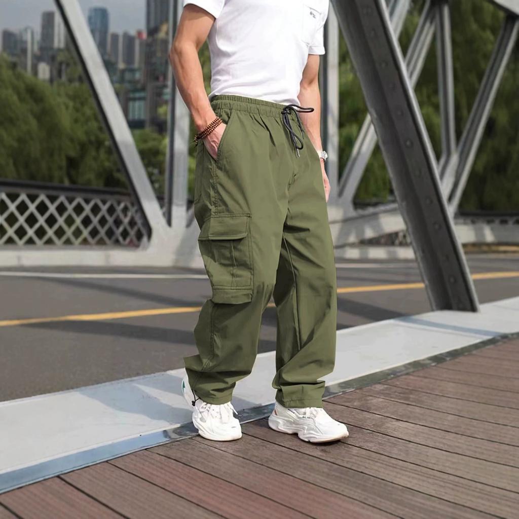 Outdoor commuting multi-pocket tooling trousers, men's summer drawstring elastic waist, wear-resistant straight tactical casual trousers