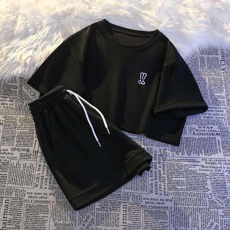 

Летний комплект из двух предметов, женская футболка, шорты, круглый вырез, однотонный топ с короткими рукавами, эластичная резинка на талии L чёрный