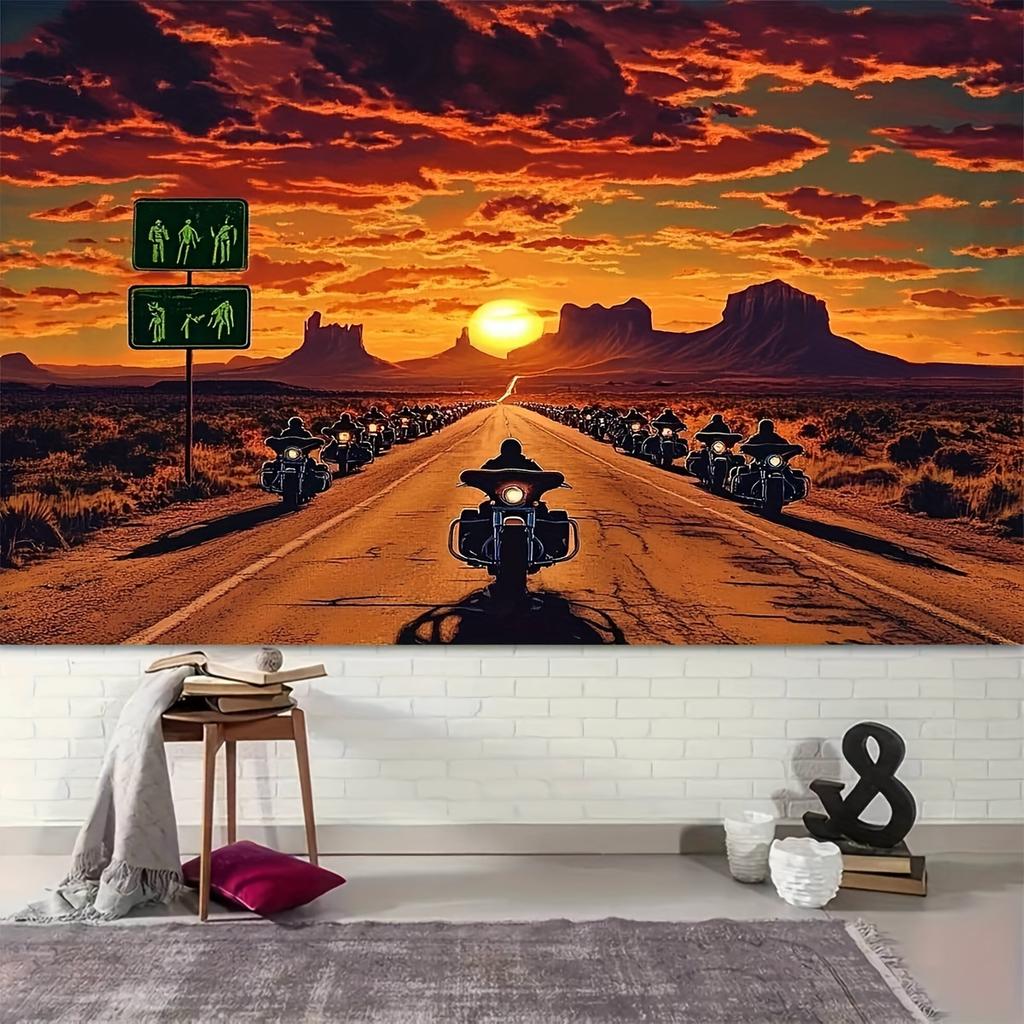 1 adventure road sunset photography background banner | Durable polyester 2D flat wall decoration with iconic Route 66 design