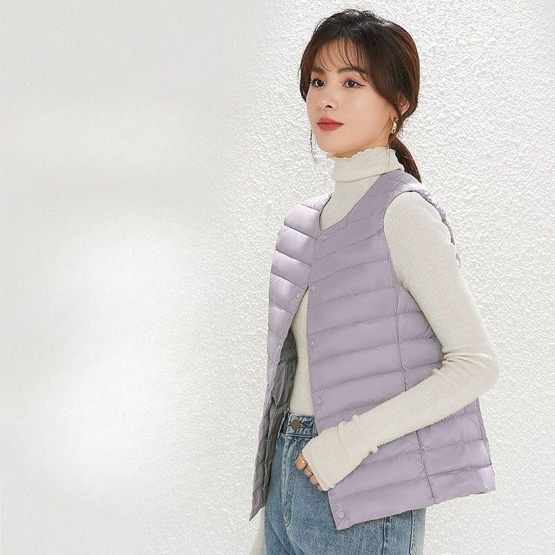Women's V Neck Sleeveless Down Vest Regular Fit Casual Style Reversible Neckline Waistcoat