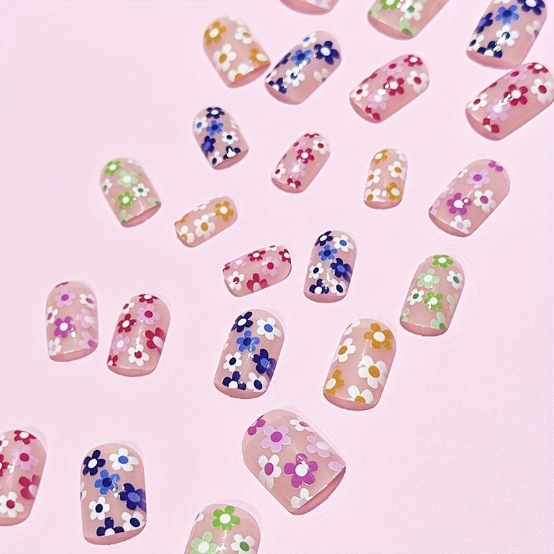 24 Stück Aufdrücknägel, kurze, quadratische künstliche Nägel, bunte Blumen-Gefälschte Nägel, vollständige Abdeckung, abnehmbare Nagelspitzen