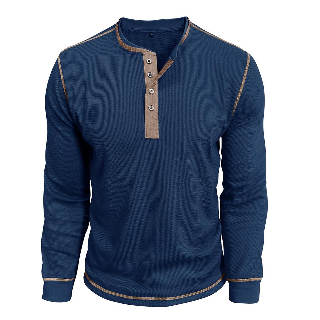 Men's Retro British Style Color Block Henley Long Sleeve Polo Shirt