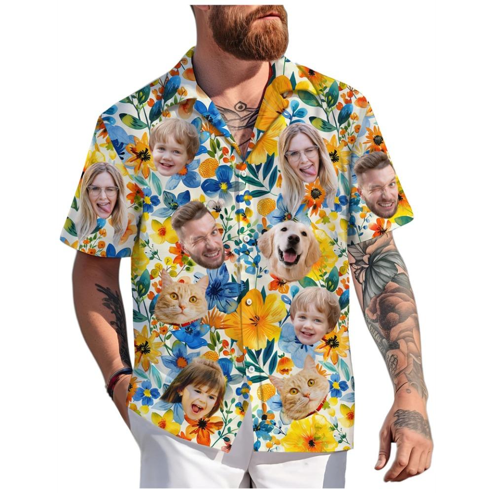 Maßgeschneiderte Hawaiianhemden für Erwachsene, Kinder, Haustiergesichter, Sommer Mode, Kurzarm, Personalisiert, 3D-Druck, Locker, Atmungsaktiv, DIY Blusen