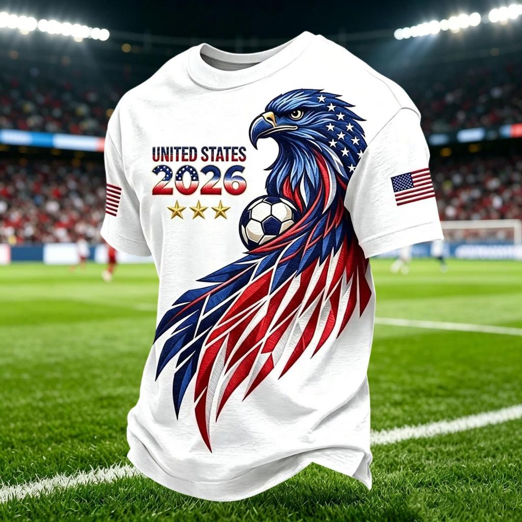 Men's Casual V Neck Breathable Short Sleeve Shirt Soccer Graphic Print Lightweight Comfortable Fit USA Theme