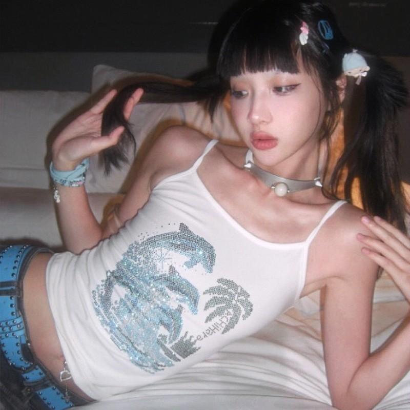 Y2k Estetika Košilka Japonské Harajuku Diamond Cami Tops Trashy Tílko z roku 2000 Vintage Grunge kamínky Tanktopy