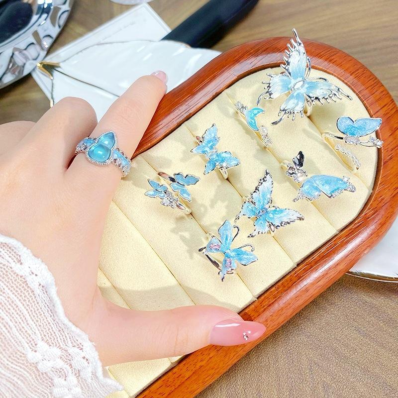 Small Fresh And Cool Butterfly Blue Enamel Dripping Oil Opening Ring Niche Light Luxury High-End Feeling Stacked Ring Woman
