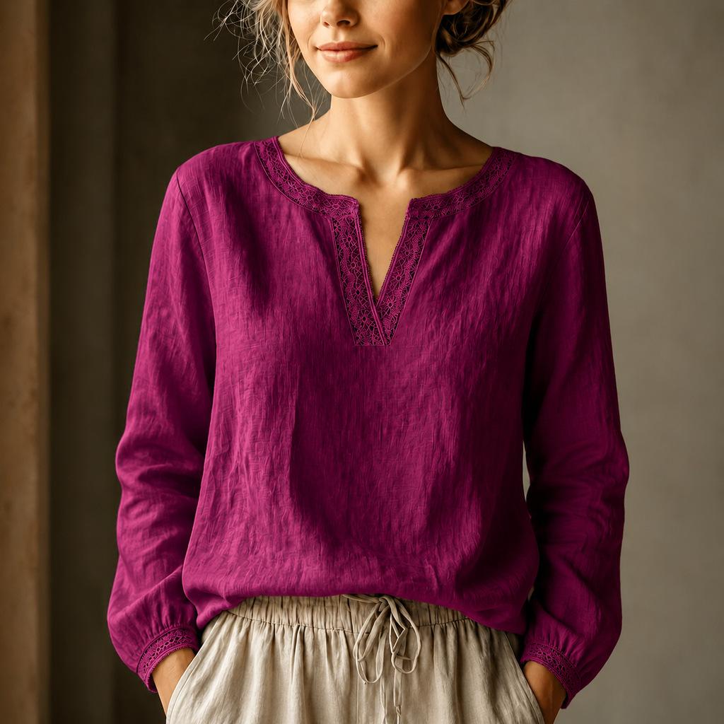 Women s Linen Long Sleeve Shirt Lace Trim V-Neck Loose Fit Blouse M