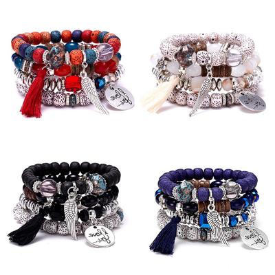 European & American Crystal Turquoise Bracelet Set with Leaf Alloy Tassel - 4 Pieces