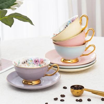 Ceramic Coffee Cup with Plate Golden Edged Color Glazed Coffee Porcelain Mugs Afternoon Tea Cup Flower Tea Cup Afternoon Teacups