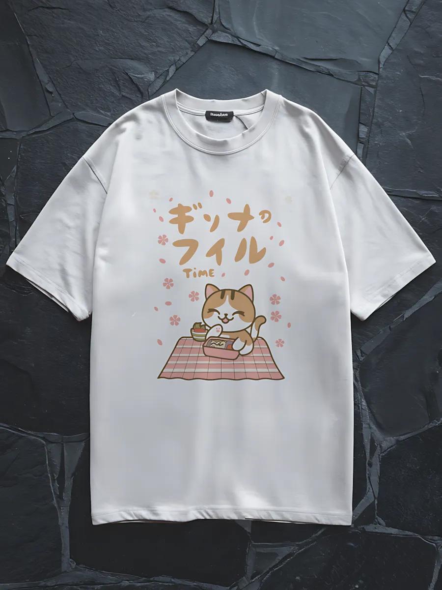 Oversized white T-shirt with Kitten on picnic y2k print 2XL