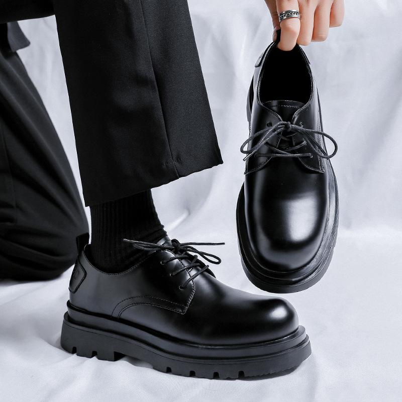 

2024 Туфли дерби мужские высокого класса для поездок на работу, круглые черные, толстая подошва, увеличивающие размер большого носа, повседневные кожаные туфли 59257-T 38 чёрный