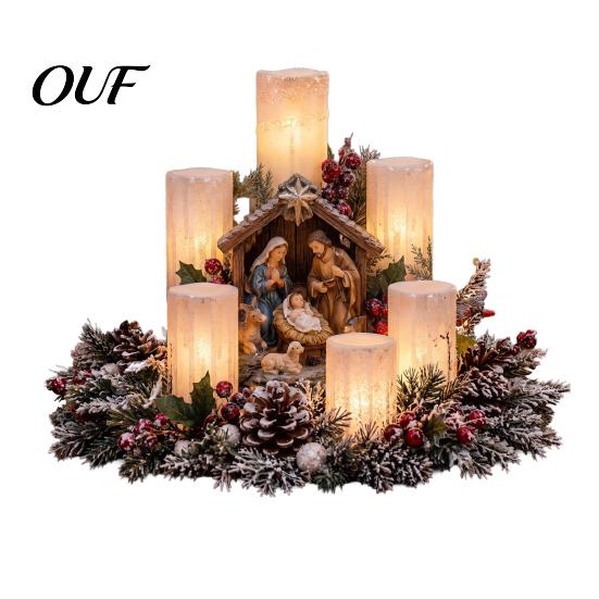Holiday Gift for Her Christmas LED Candle Centerpiece with Artificial Cedar Pine Cones And Red Berries, Mantel Decorations Flameless Winter