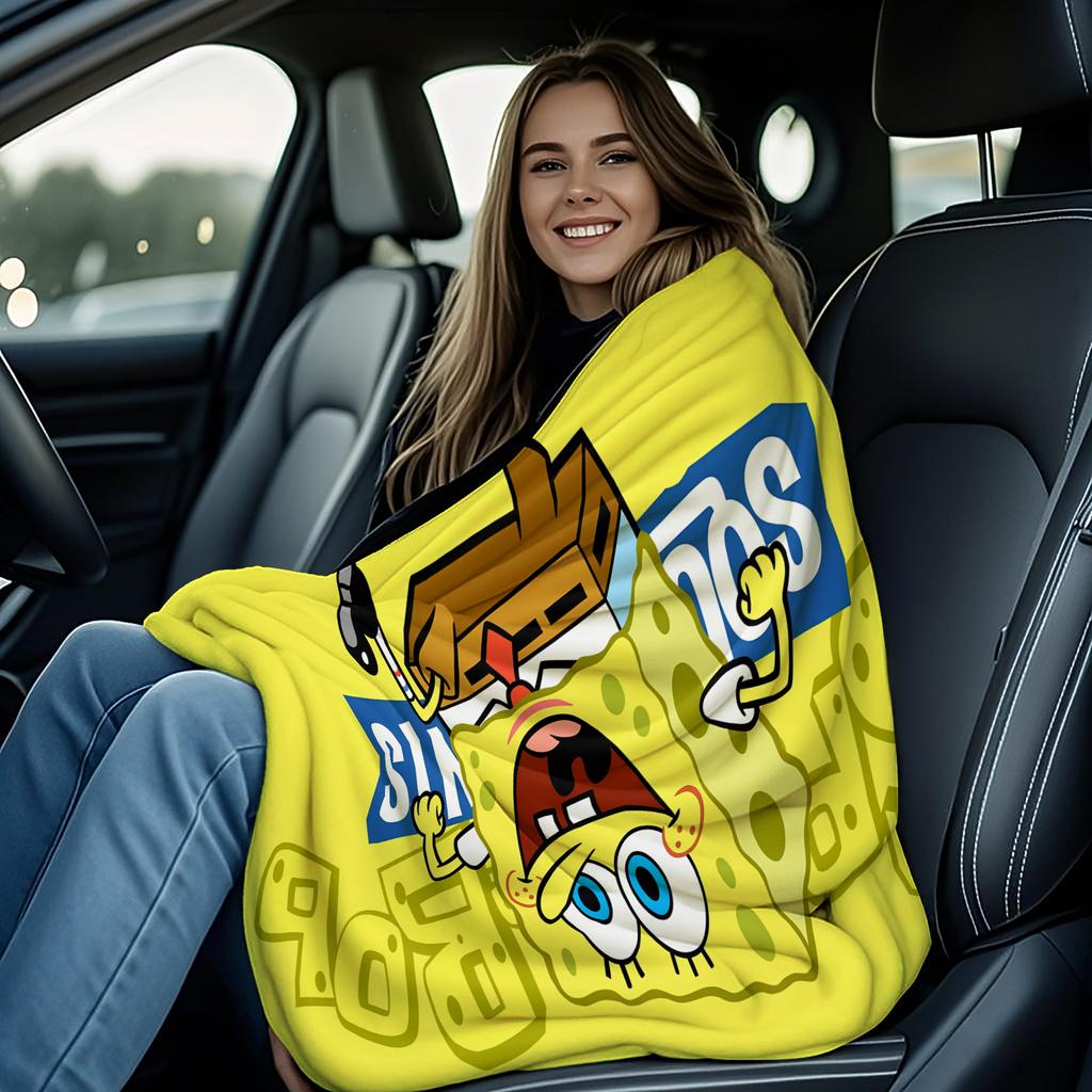 Cartoon Yellow Sponge-Bob Print Warm Blanket For Office Comfort Leisure Camp Travel Multifunctional Universal Blanket Fan Gift