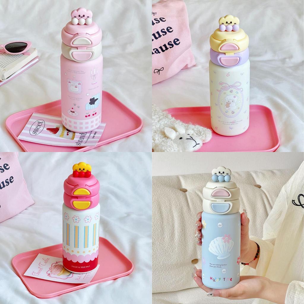 Cute Cartoon Kids Insulated Water Bottle With Double Drinking Straws For School And Travel