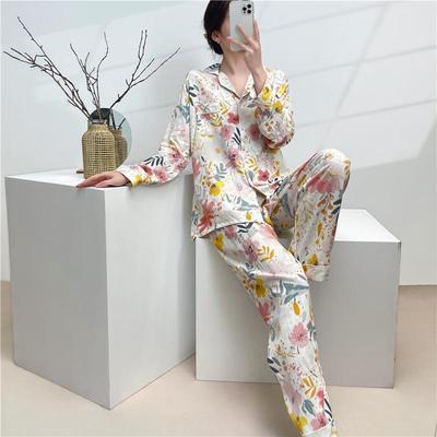 Damen Blumenmuster Baumwoll-Seiden-Pyjama-Set, Langarm-Cardigan-Stil für Frühling/Sommer, Leicht für Frühling/Herbst, Drinnen/Draußen zu tragen