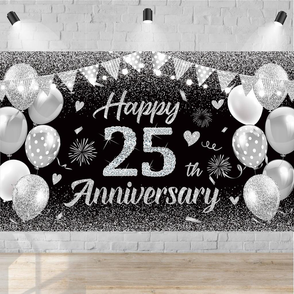 Happy 25th Anniversary Banner - Silver Black Wedding Anniversary Decorations...
