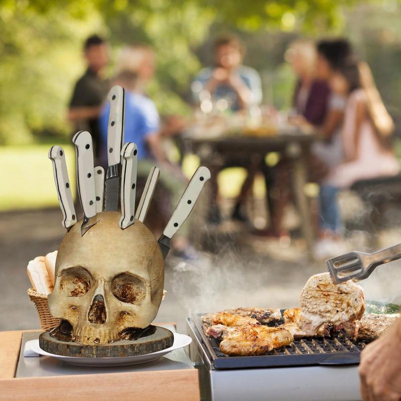 Skull Knife Holder Halloween Horror Kitchen Storage Head Rack Skeleton Knife and Fork Stand Desktop Ornaments Home Decoration