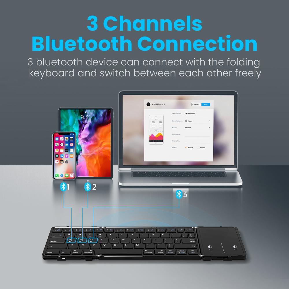 Bluetooth Folding Keyboard with Touchpad 3 Channels Connection Rechargeable Foldable Wireless Keyboard for Ipad Phone Tablet