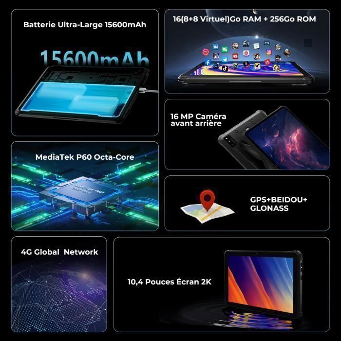 Tablette Robuste HOTWAV R6 Pro 8Go+128Go 10.1" FHD+ 15600mAh Tablette Tactile Android 13 IP68 Dual 4G/5G WiFi, Orange