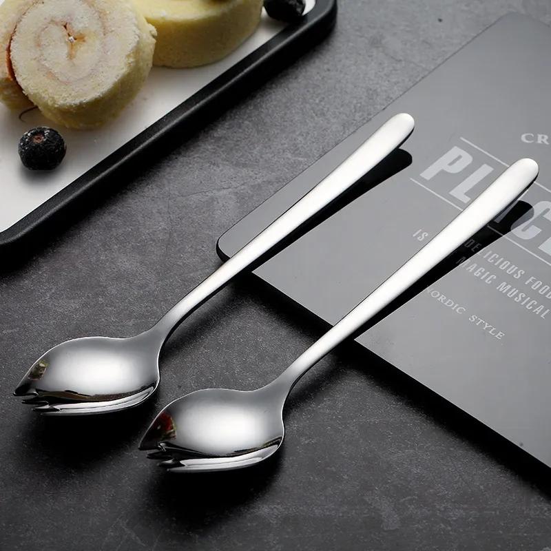 Stainless Steel Fruit Fork Spoon Tableware Long Handle Ice Cream Salad Dessert Tablewares Multi-functional Silver Fork Tableware
