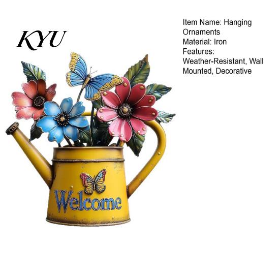 Indoor Outdoor Metal Wall Art Rustic Watering Can Art, Flower Butterfly Welcome Sign, Farmhouse Floral Sculptures Iron Hanging Decor for Porch Garden