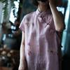 Johnature Women Vintage Print Floral Dress Stand Short Sleeve Summer Button A-Line Chinese Style Dress
