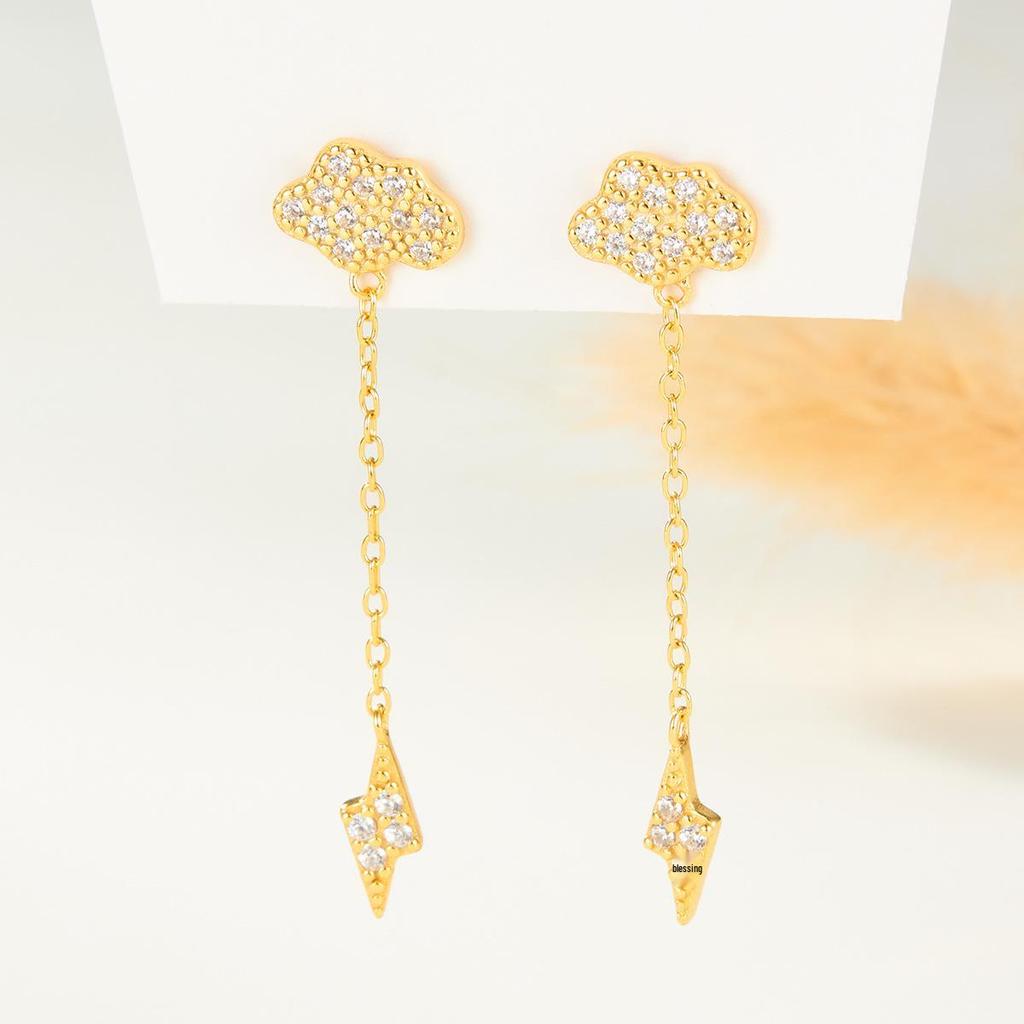 S925 Sterling Silver Rhinestone Cloud Lightning Stud Earrings - Women's Niche Design, Versatile Everyday Ear Jewelry