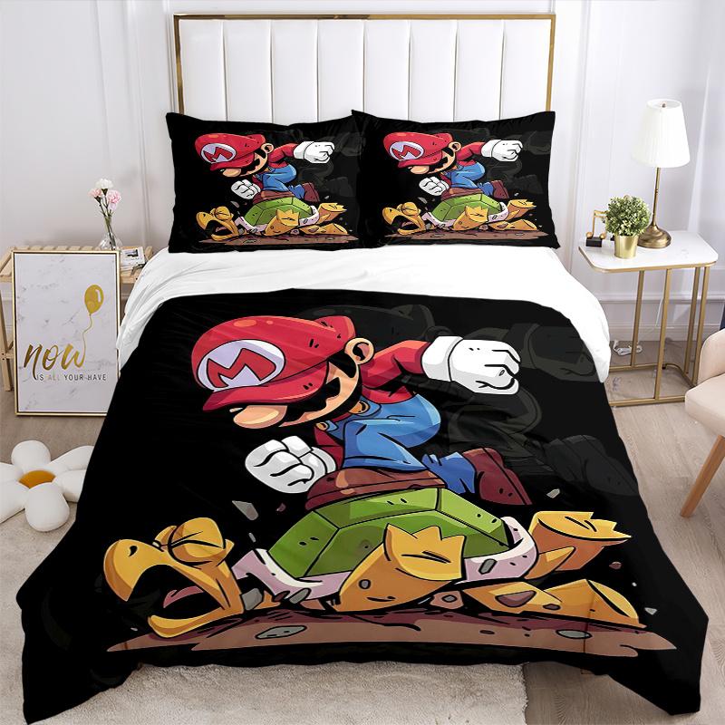 3pcs Super Mario's Epic Battle Printed Quilt Set - Includes 1 Quilt Cover and 2 Pillowcases, Machine Washable - Suitable for All Seasons.C088