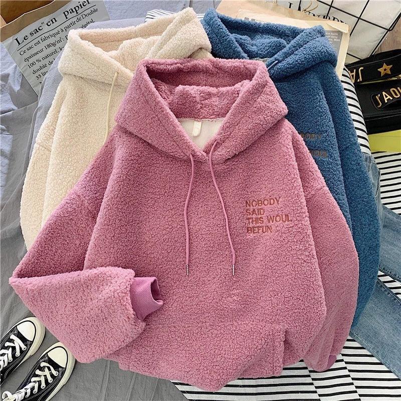 Lamb Fleece Hoodie for Women Korean Version Trendy Student Loose and Lazy Style Autumn and Winter with Thick Fleece and Hooded Top Jacket XXL 1516₽
