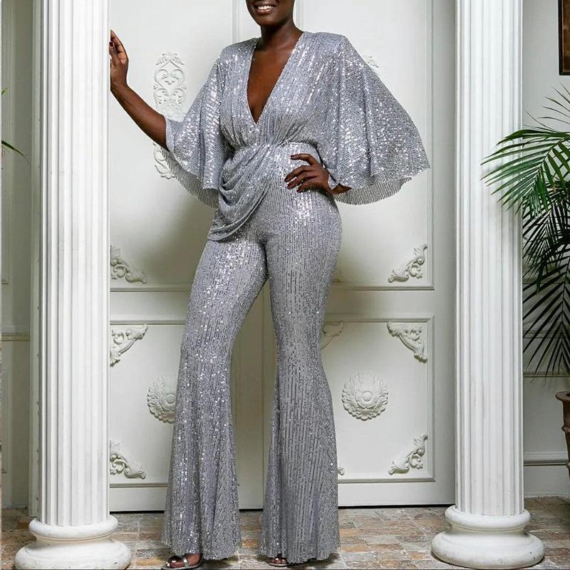 2025 new women's clothing, sequined sexy deep V backless jumpsuit trousers