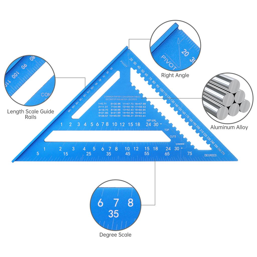 12 Inch Blue Aluminum Alloy Metric Imperial Scale Triangle Ruler Set with Stair Gauges Angle Square Durabled Woodworking Carpentry Tools Accessories