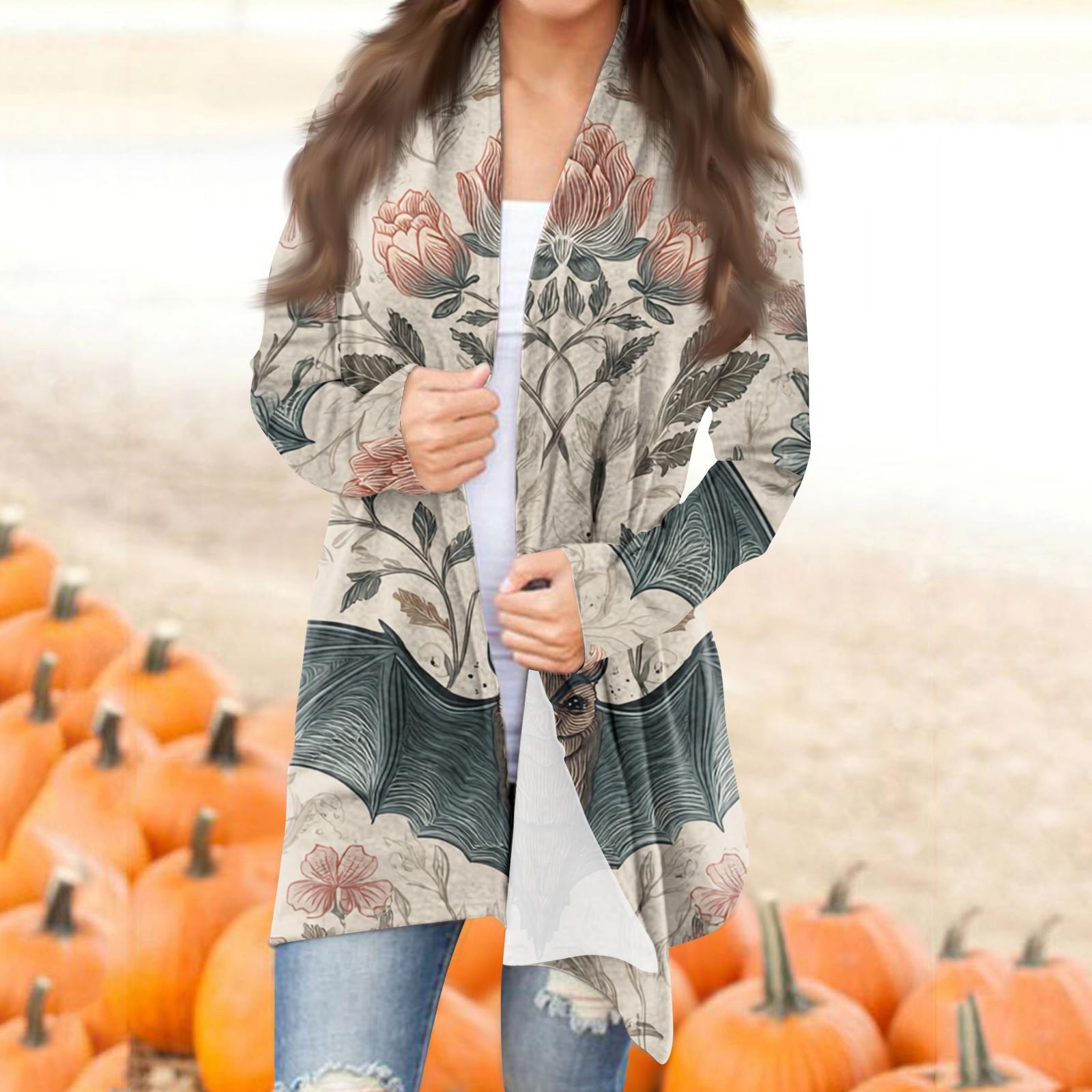 

Женская модная повседневная куртка-кардиган средней длины с принтом на Хэллоуин и нерегулярным подолом XXXL