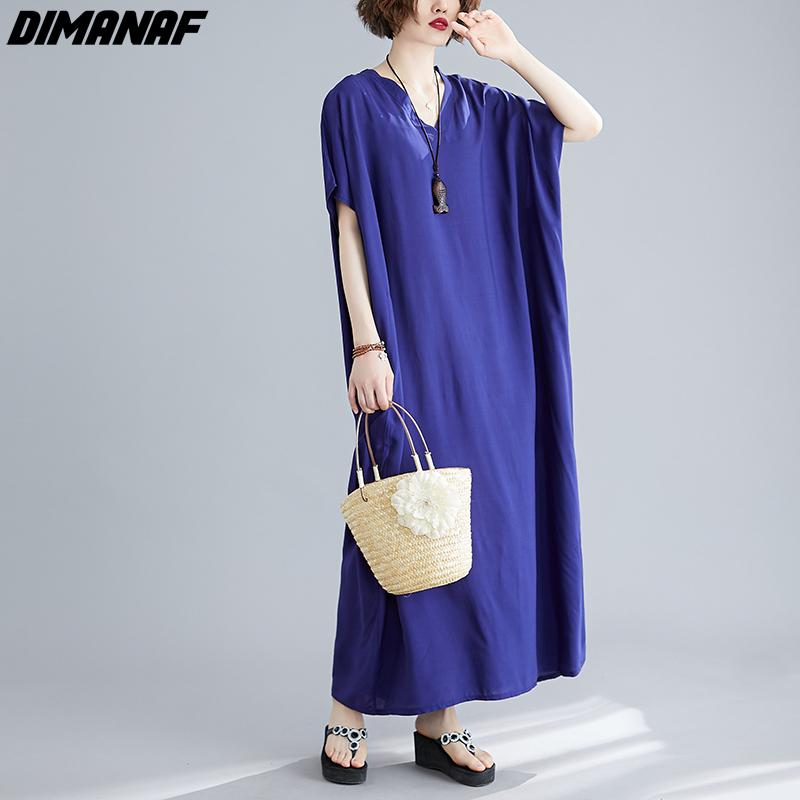 DIMANAF 2021 Plus Size Women Dress Bohemian Beach Korean Style Summer Sundress Solid Maxi Dress Loose Design Casual Long Dress
