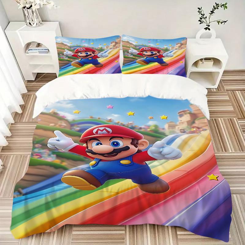 3pcs bedding set Mario Rainbow Includes 1 Comforter + 2 Pillowcases, Without Pillow Inserts, Soft Comfortable,a0909197