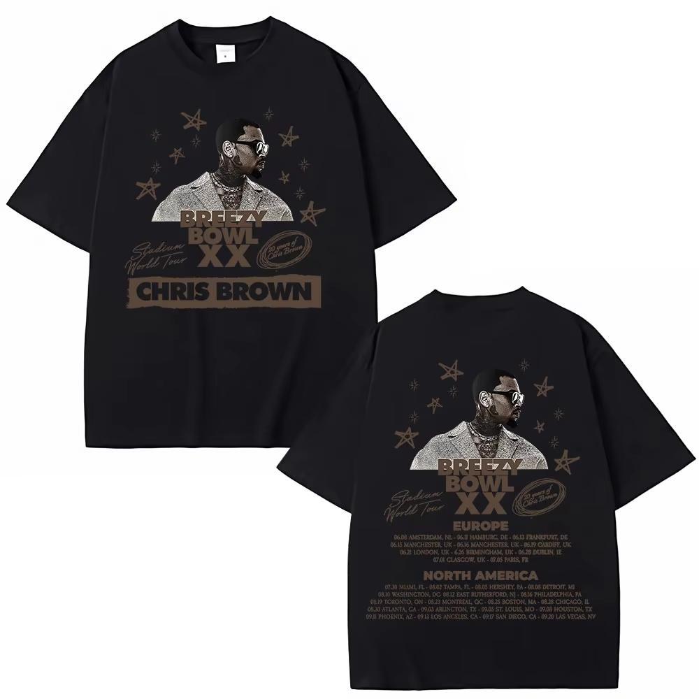 Rapper Chris Brown Breezy Bowl XX Tour T-shirts Hip Hop Men's Women Fashion O-Neck T Shirt Oversized Cotton Casual T-shirts Tops