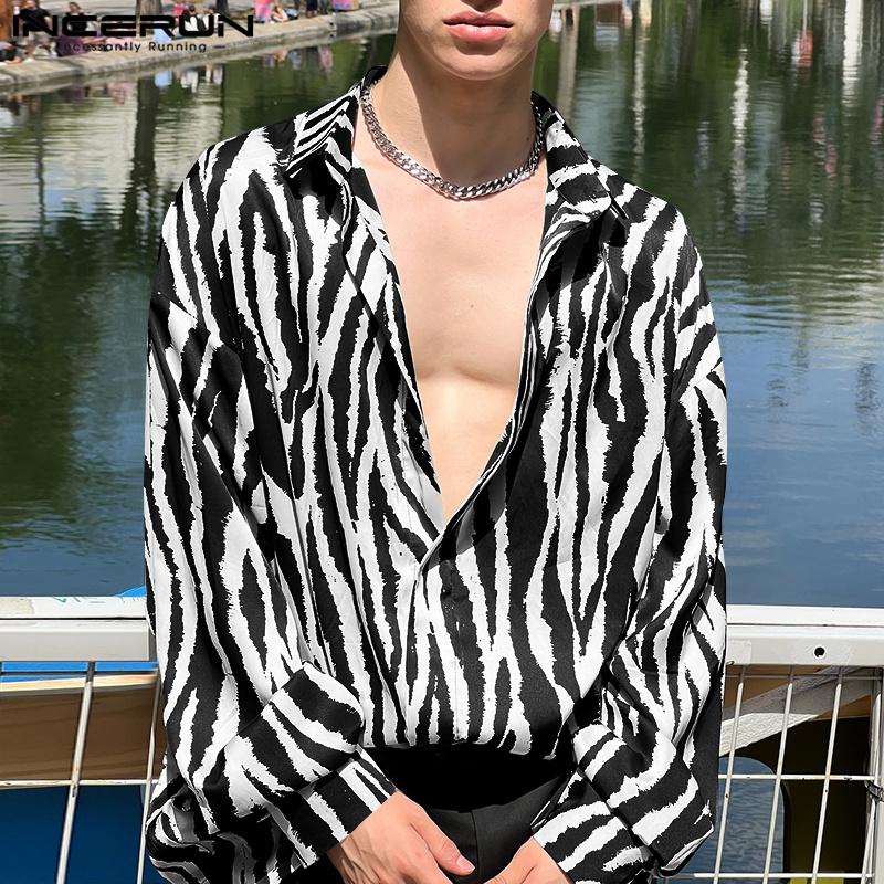

INCERUN Men Oversized Long Sleeve Striped Casual Shirts Lapel Tops S белый