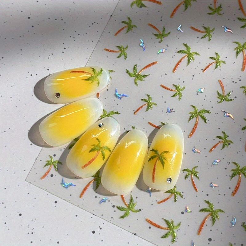 Tropical Beach Vacation Nail Art Stickers - Sparkling Coconut Trees & Seagulls, Reusable Plastic Decals for Manicures, Self-Adhesive Nail Art Decals