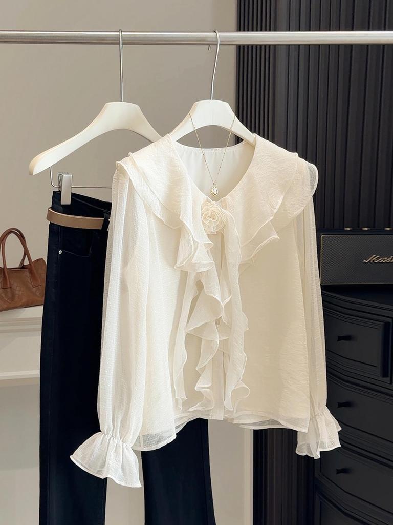 Women's French Ruffle Polka Dot Chiffon Shirt - Spring 2026 Design, Long Sleeve