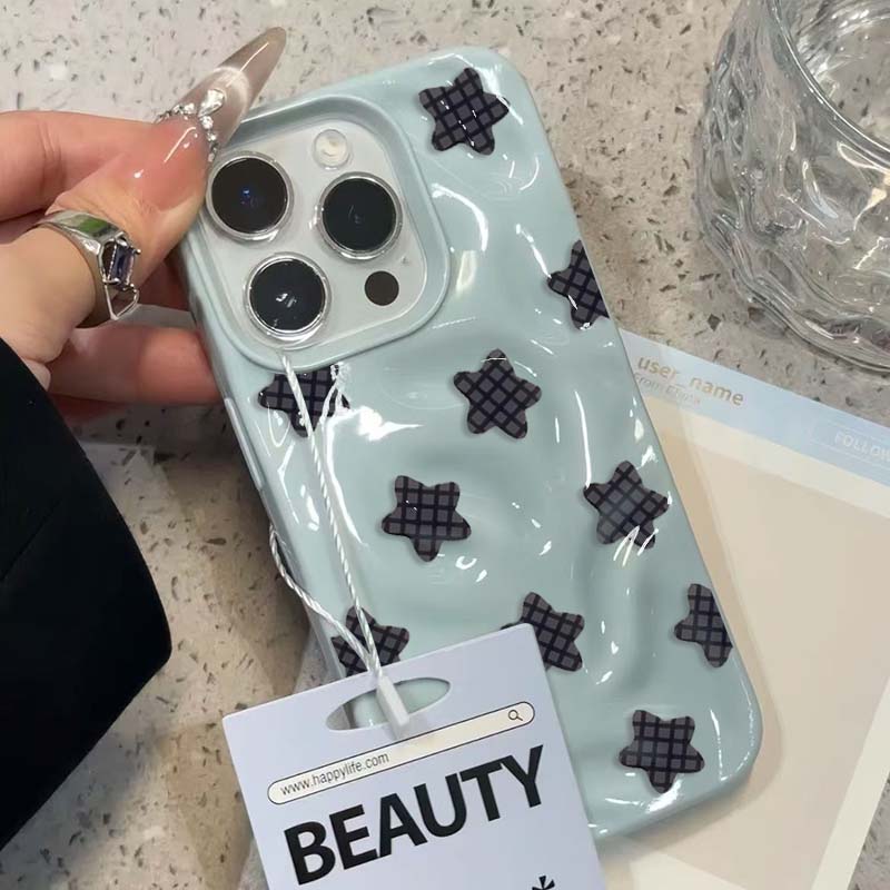

Cartoon Black Checkered Star Pattern Korean Phone Case for iPhone 16 Pro Max 15 14 13 12 11 XS X XR 7 8 Plus Shockproof Cover iPhone 16 Pro Max
