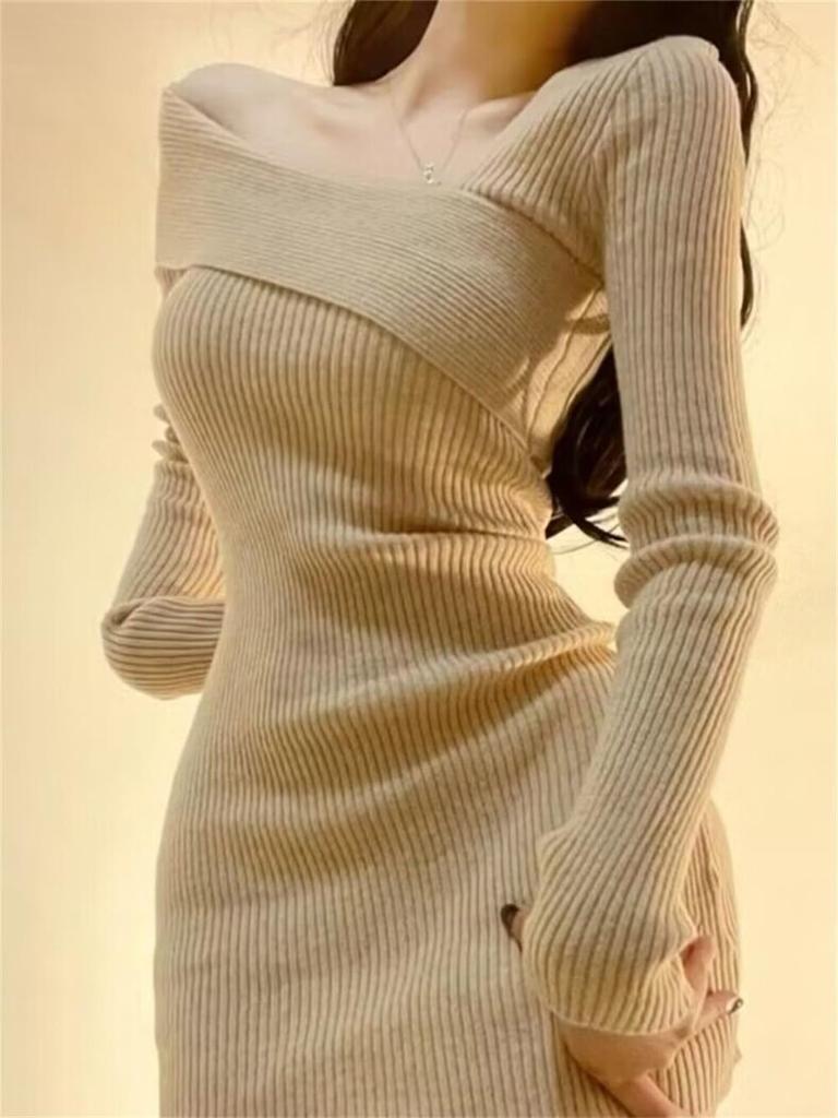 Knit Sexy Mini Dress with Long Casual Ribbed Winter [SDSXZWG] Women's Dress, Neckline, Sleeves, Off-the-Shoulder, Sweater, Knit, Elegant, Spring,