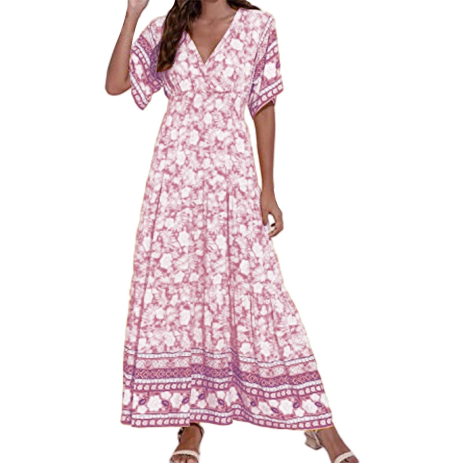 

Floral V-Neck Long Dress with Geometric Trim, Short Sleeve Summer Maxi Dress XXL рожевий