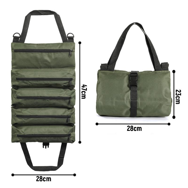 Roll Up Tool Bag Canvas Tool Organizer With 5 Zipper Pockets Hanging Tool Zipper Carrier Tote For Electrician Car Moto Repair